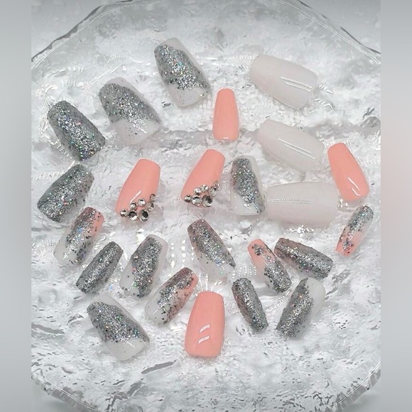 Luna Other - Baby Pink & Silver Rhinestones Coffin Nail Kit, Press-On Nails, New